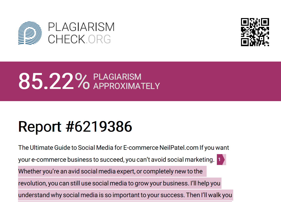 Example screenshot of Plagiarism Check's detailed reporting.