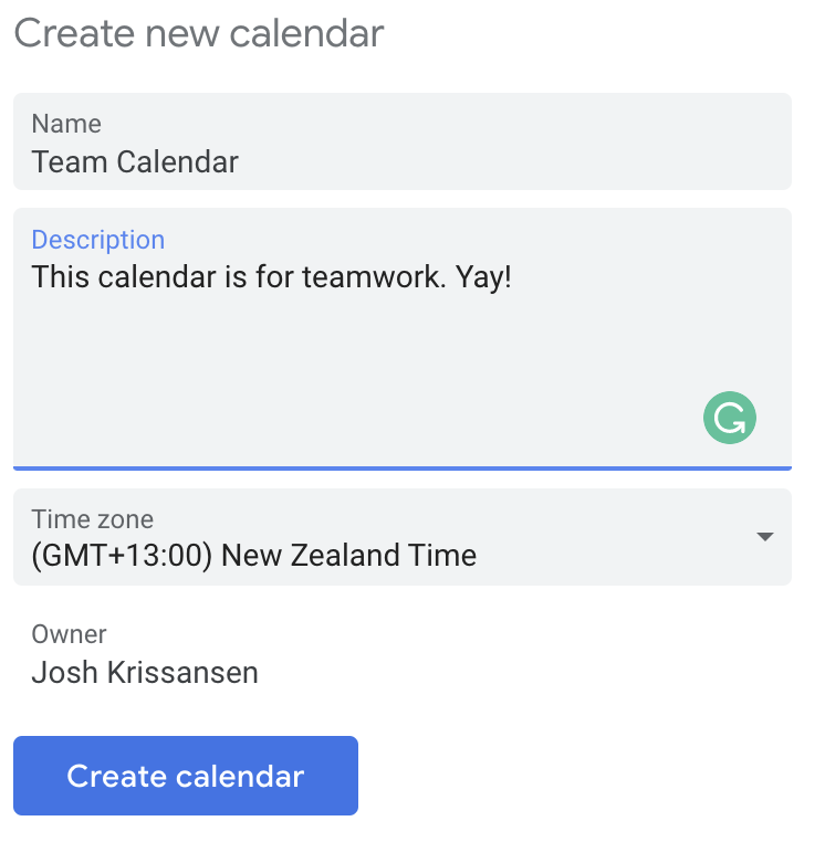 screenshot of how to add a calendar name and description in Google Calendar