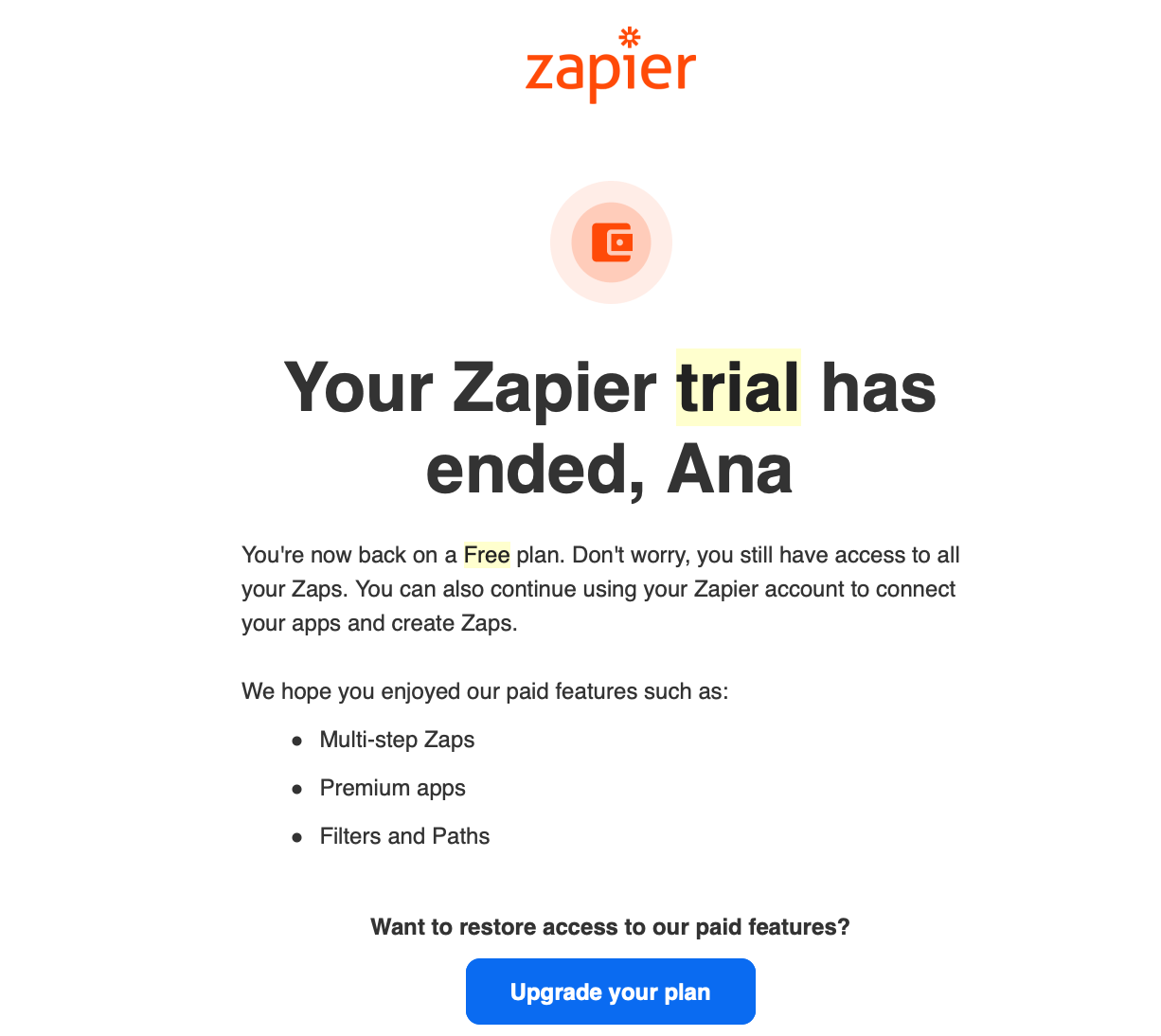 Difference in copywriting vs. content marketing with Zapier's short email copy