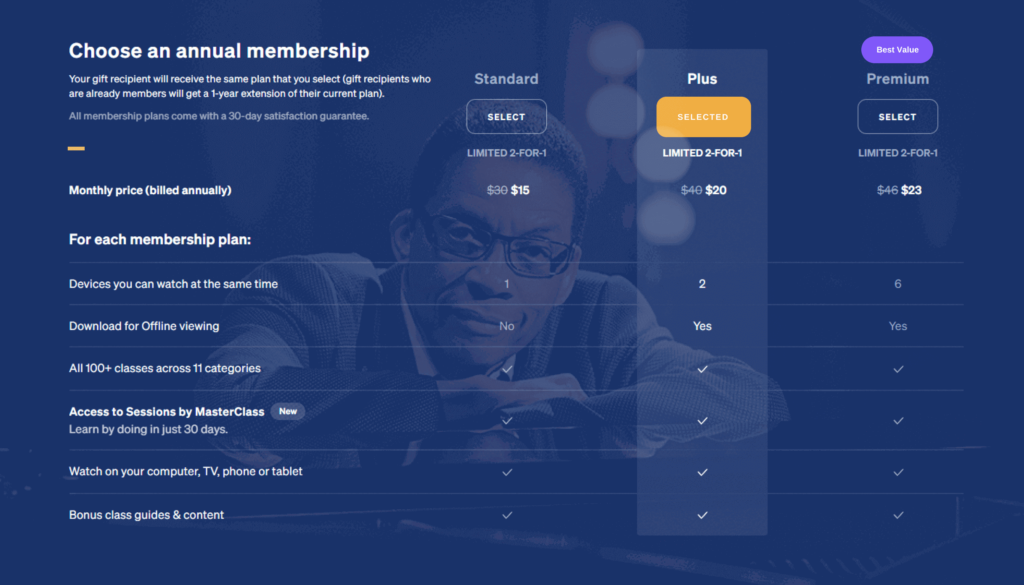 A pricing list for MasterClass Memberships