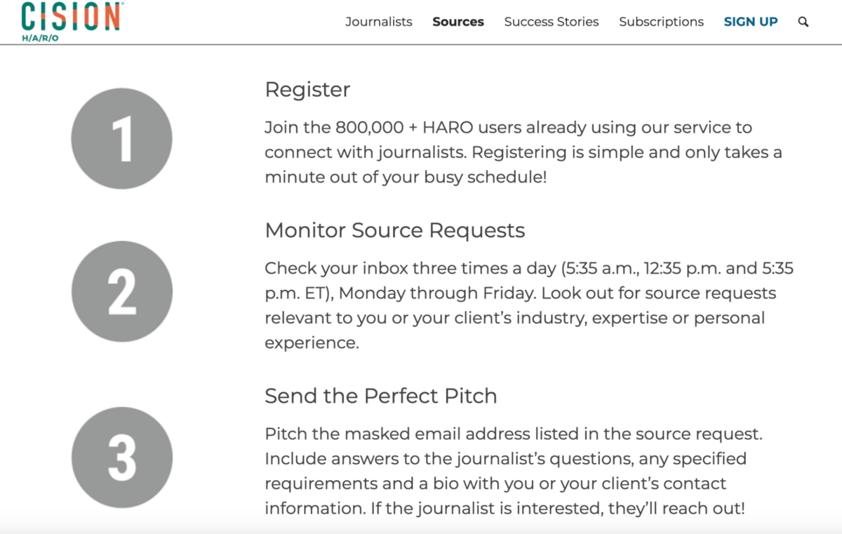 screenshot of HARO registration