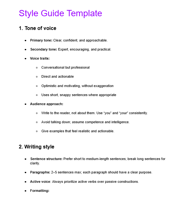 Style guide template made by Ioana Wilkinson in Google Docs.