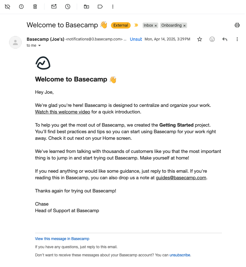 Screenshot of Basecamp onboarding email
