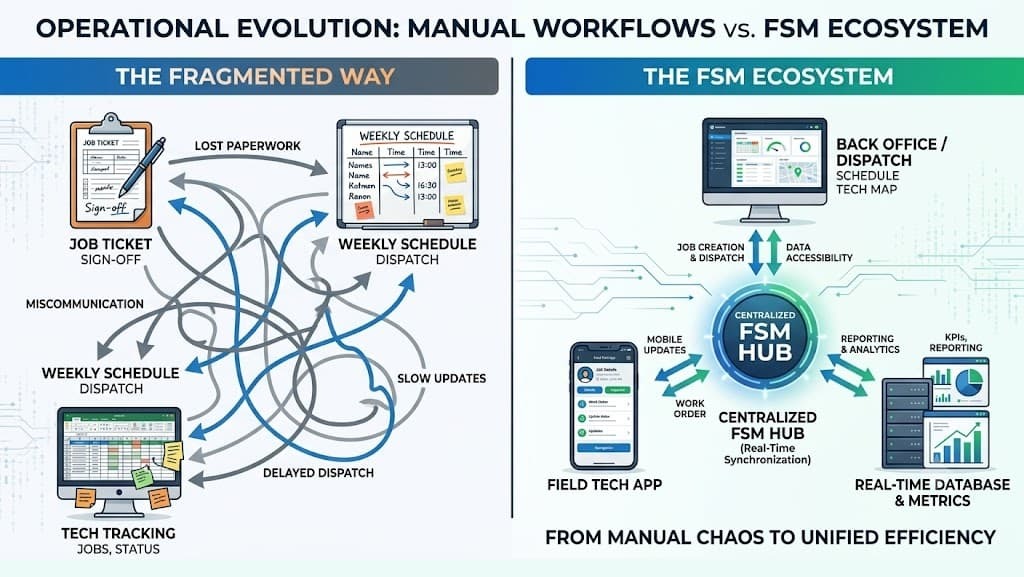 Side-by-side comparison of traditional field service management vs. the FSM software ecosystem